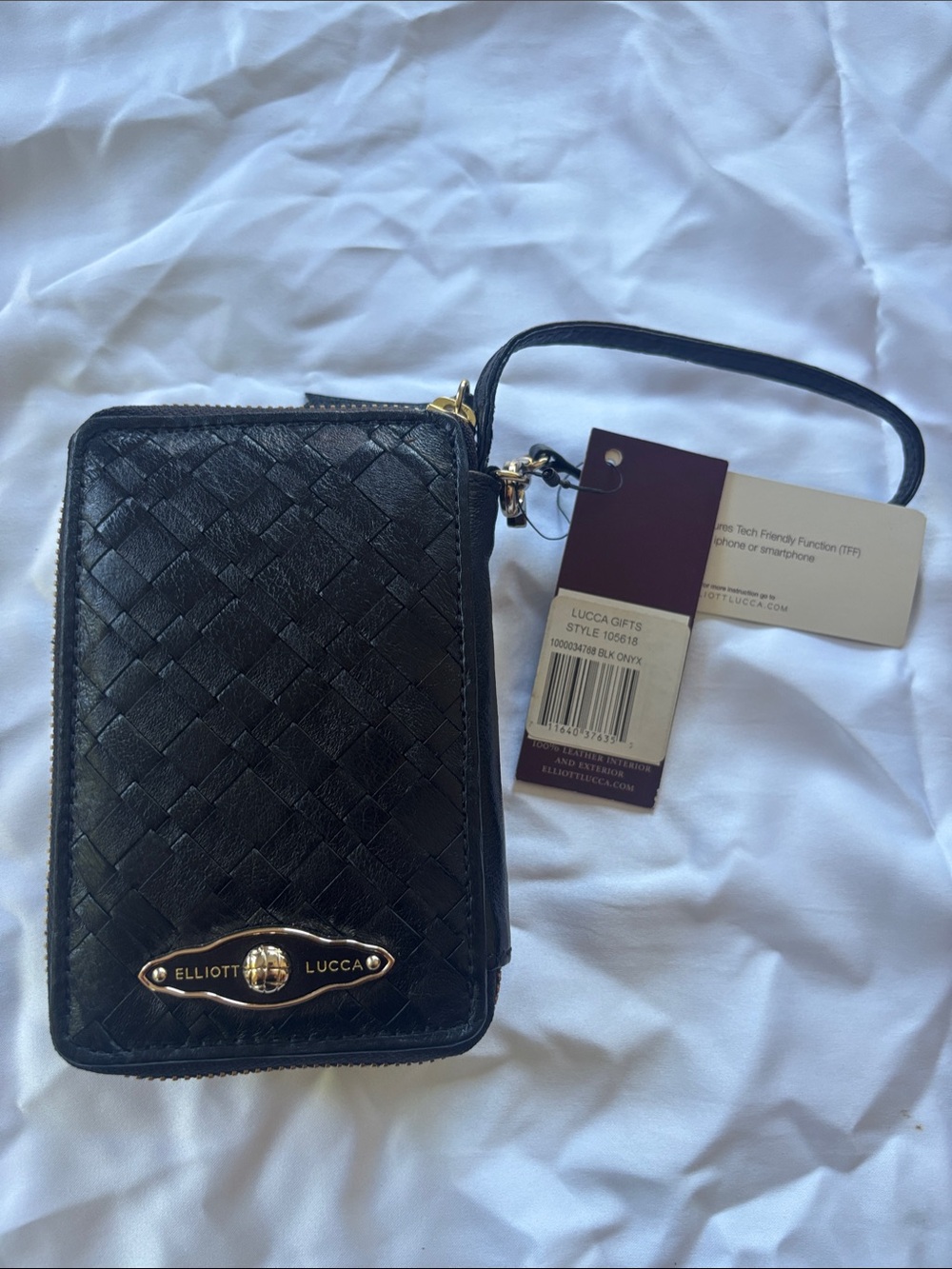Elliott Lucca Black Woven Leather Wristlet with Gold-Tone Plaque